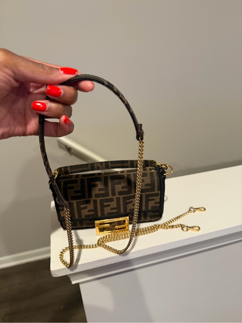Fendi Mini Baguette in Brown FF Monogram with Gold Hardware